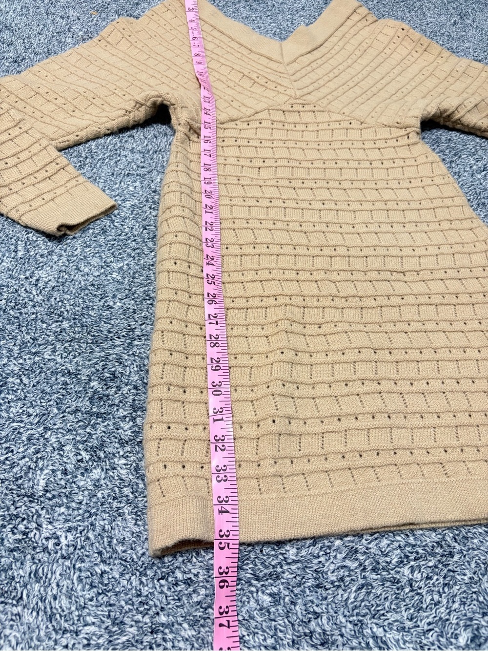 Long Sleeve V-Neck Knit Dress in Beige - Picture 5 of 9